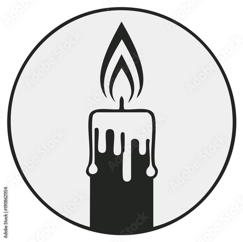 Simple black and white graphic icon of a lit candle with dripping wax inside a circle