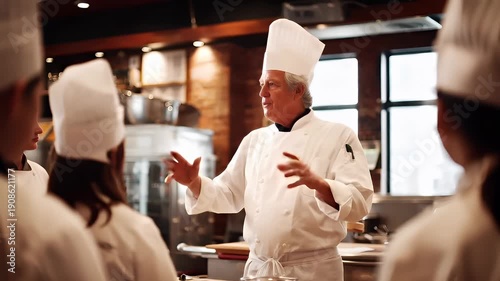 Education training class. Knowledge learning improvement study. A man in a chefs uniform, wearing a white chefs hat, standing in a kitchen surrounded by a group of people.
