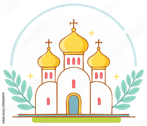 Cartoon orthodox church building with golden domes and leaves branches