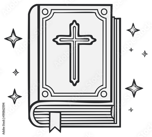 An illustrated open holy book with a prominent cross on its cover surrounded by sparkling stars symbolizing divine light