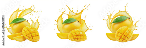 Fresh yellow mango with mango slices and tropical juice splash explosion isolated on white background, high speed liquid splash photography, yellow mango juice concept for beverages and packaging, Man