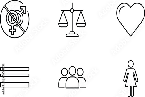 Human Rights and Gender Equality Icon Set, Social Justice Balance Scale, Universal Love Heart, Women Empowerment, Diverse Community Inclusion, Law