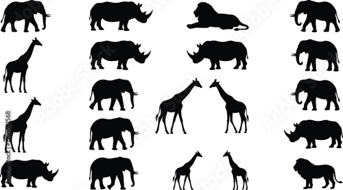 African animal silhouette vector set featuring elephant, giraffe, lion and rhinoceros in multiple poses, black safari wildlife icons isolated on white