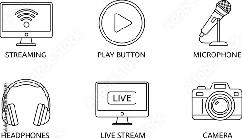Live Streaming and Multimedia Content Creation Icon Set, Video Production Broadcasting, Social Media Influencer Equipment, Digital Entertainment Technology, Online Podcast