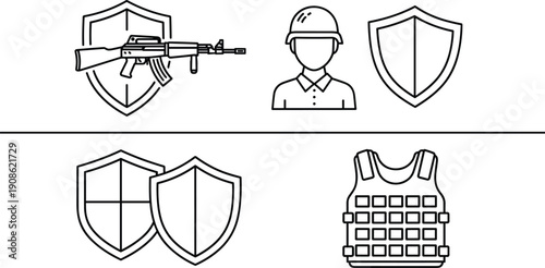 Military Security and Defense Icon Set, Tactical Protection Shield, Armed Forces Soldier, Bulletproof Vest, Weaponry Safety, National Guard, Professional Combat Equipment