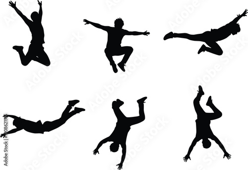 Silhouettes of people jumping in air, falling men figures, parkour athletes in motion, active people flying and leaping on white background. (20 words)