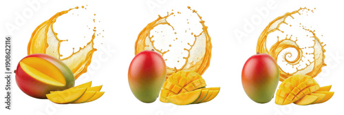Fresh Kent mango with mango slices and tropical juice splash explosion isolated on white background, high speed liquid splash photography, Kent mango juice concept for beverages and packaging, Mangife