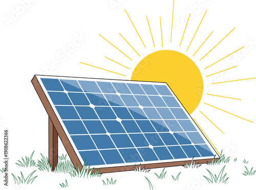 Solar panel with rising sun renewable energy vector illustration eco technology sustainability concept