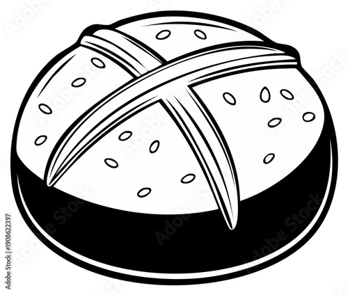 Black and white illustration of a fresh bread roll with sesame seeds and a cross design