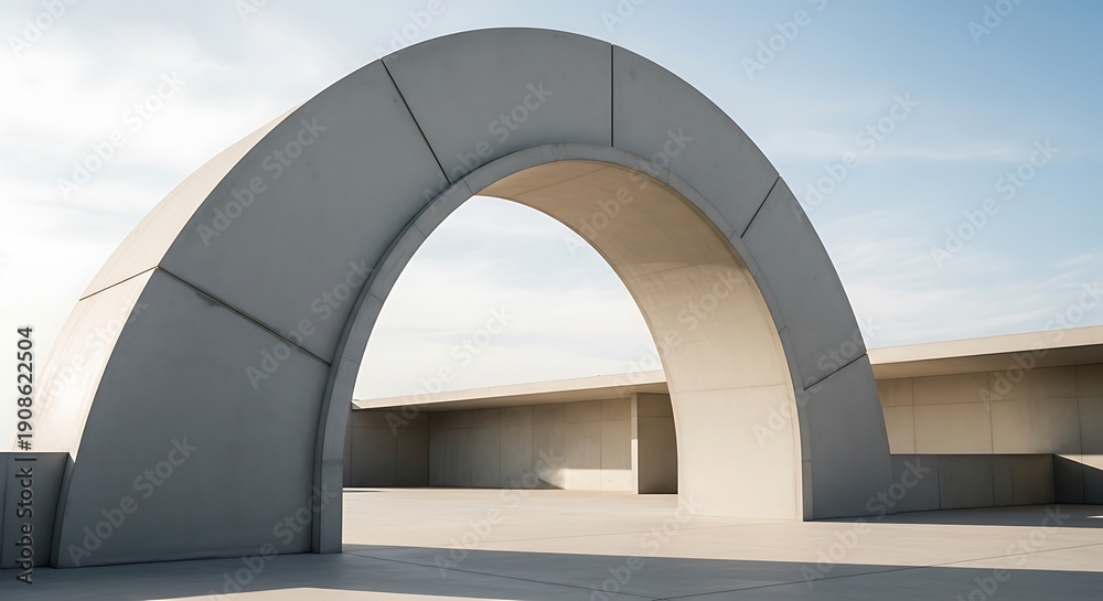 Fototapeta premium Minimalist concrete arch structure against a clear sky, architectural design element, abstract modern building exterior
