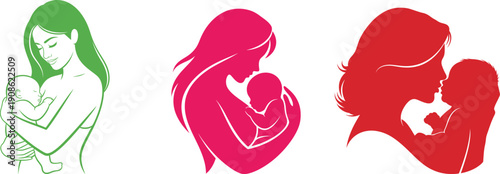 Mother's day illustrations of mothers and children in green pink and red