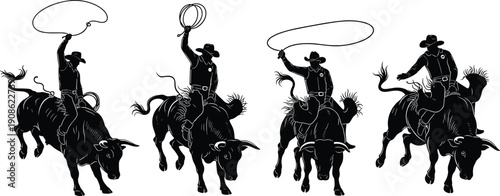 Rodeo cowboy bull riding silhouettes sequence, western cowboy action with lasso, bullfight motion, American rodeo sport illustration isolated