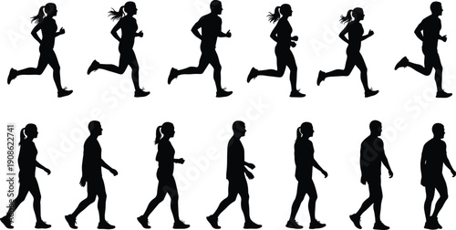 Running and walking people silhouettes collection, men and women fitness motion sequence, jogging exercise lifestyle concept illustration isolated vector design