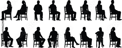 Sitting people silhouettes collection, men and women seated on chairs, side and front poses, waiting lifestyle concept illustration isolated