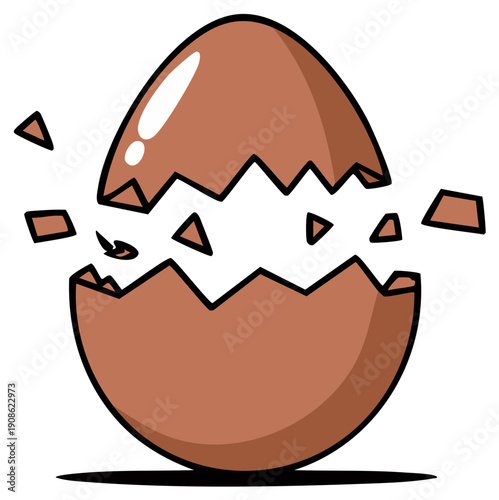 Cartoon brown eggshell cracking open and shattering with pieces flying