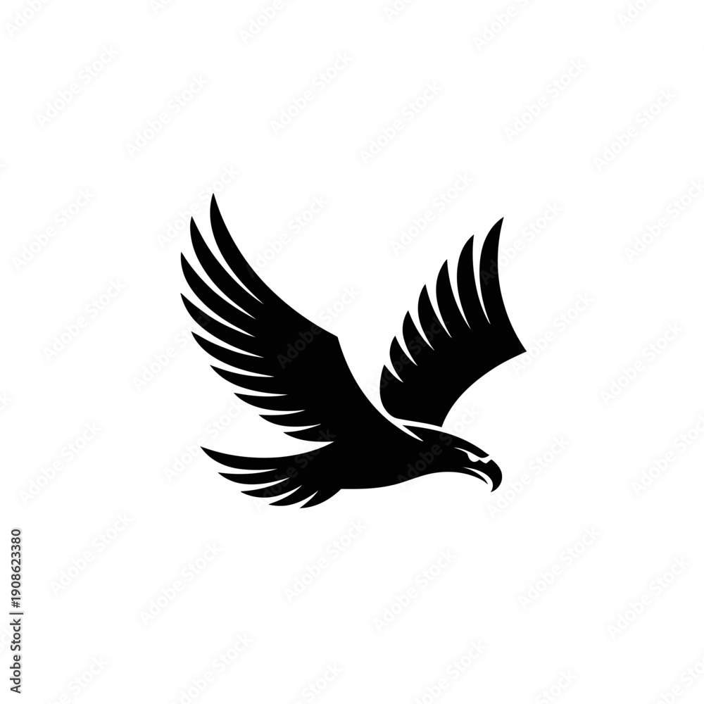 Obraz premium A black silhouette of an eagle in flight, depicted in a minimalist vector graphic style.