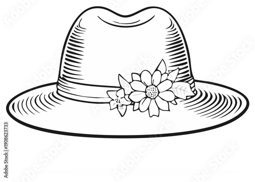 Elegant wide brim hat adorned with delicate flowers and leaves in a charming sketch style