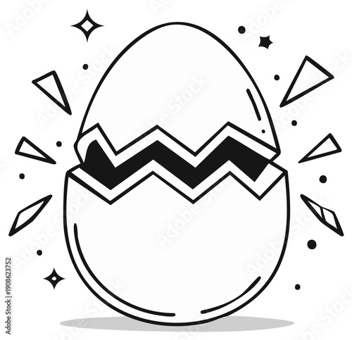 Cartoon illustration of a cracked eggshell with geometric designs and starburst elements.