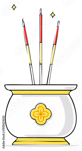 Incense Sticks Burning in a Bowl with Flower Design and Glowing Stars