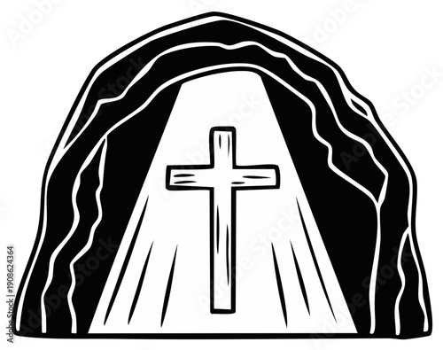 Religious symbol of an empty tomb with a cross