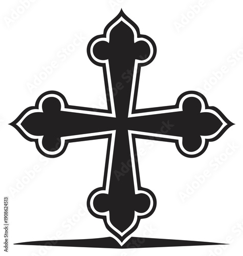Ornate Christian Cross Symbol Silhouette Isolated on White Background