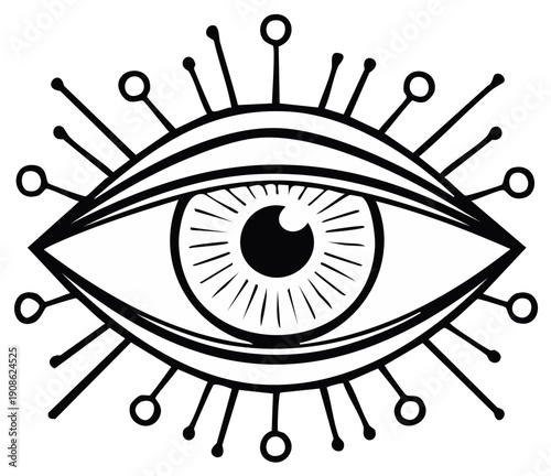 Abstract eye symbol with decorative lines, black and white illustration
