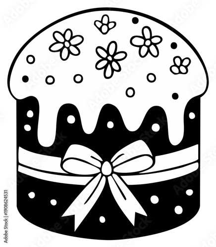 Cartoon drawing of decorated baked Easter bread with bow and flower details, black and white.