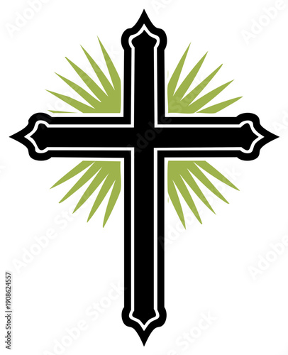 Decorative black cross with radiant green palm fronds symbolizing faith hope and spiritual devotion