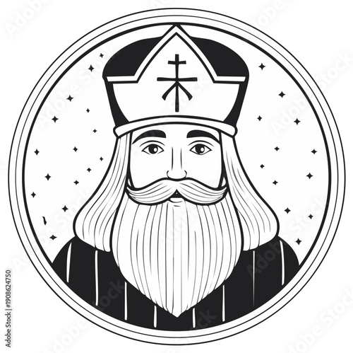 Medieval Bishop Portrait Emblem with Starry Background and Decorative Border
