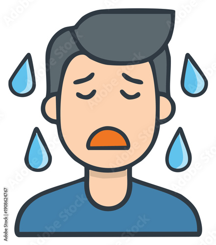 Person showing distress sweating with closed eyes and open mouth worried expression