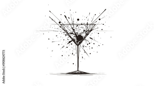 Abstract black ink splatter martini glass illustration. Artistic cocktail drink design with grunge splash effect on white background.