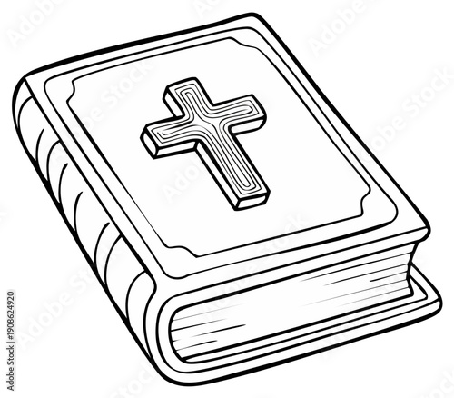 Christian Holy Bible Book with Raised Cross Symbol on Cover Line Art Illustration