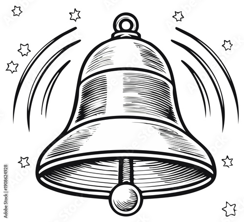 Engraved illustration of a ringing bell with stars, monochrome design