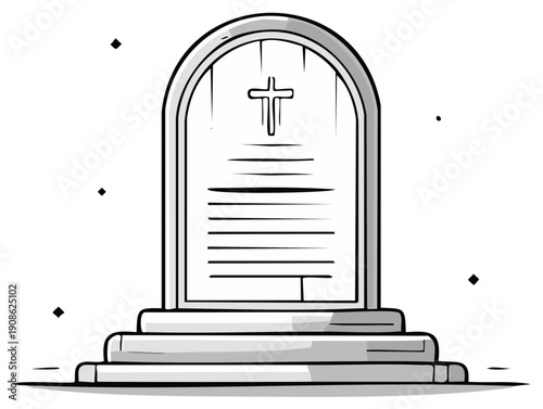 Solemn tombstone with Christian cross and inscription carved on stone with layered base and small star accents