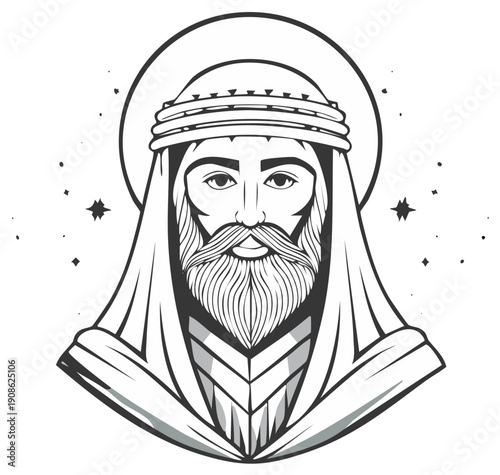 Illustration of a religious male figure with a beard and halo