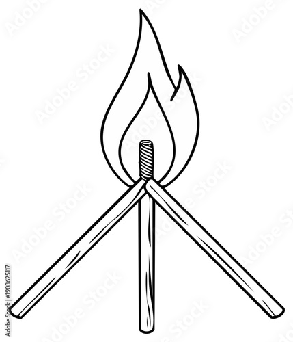 Burning matchsticks illustration, fire flames, outline