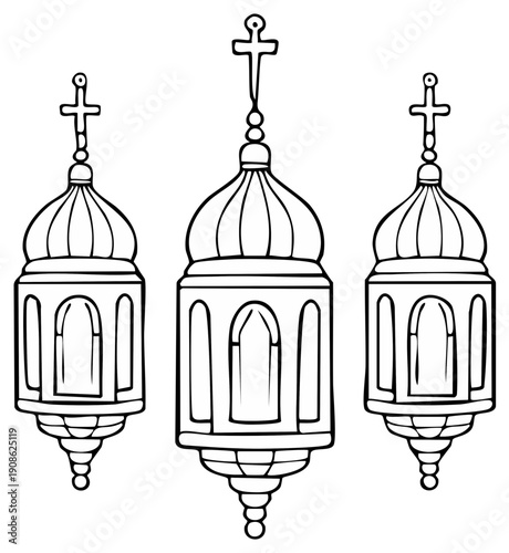 Three stylized Orthodox Christian lanterns with crosses, outline illustrations, vector design