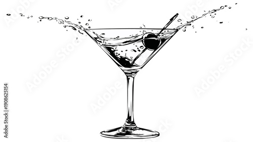 Elegant martini cocktail with splash and olive, vector illustration. Classic alcoholic beverage drawing on white background.