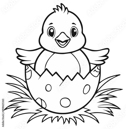 Cute cartoon chick hatching from speckled egg in nest, black and white outline illustration for Easter coloring page or children's activity