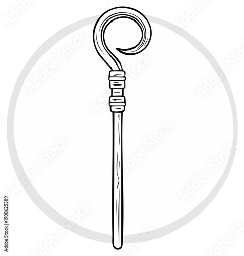 Cartoon line art of a staff with a curved top inside a circle.