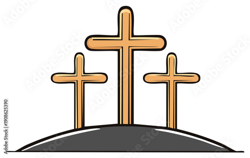 Simple Vector Illustration of Three Wooden Crosses on Grassy Hill for Religion Themes