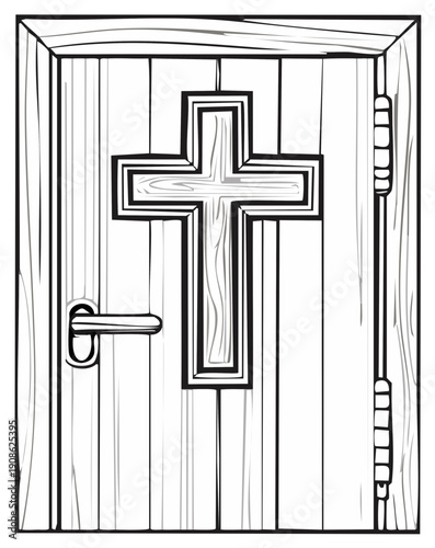 Wooden door with carved Christian cross detail and metallic handle illustration