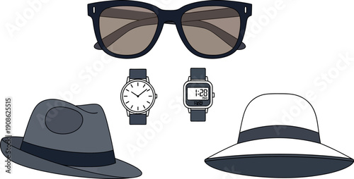 Collection of essential men's accessories including classic sunglasses a fedora a sun hat two different wristwatches for style choices