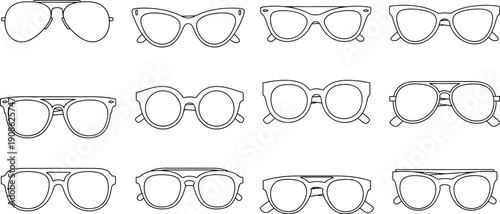 Collection of twelve different black and white outline styles of modern and classic eyeglasses frames representing various optical and sun wear designs for fashion.