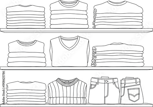Organized wardrobe display featuring neatly folded stacks of various clothing items including t-shirts sweaters and folded denim jeans across three horizontal storage shelves