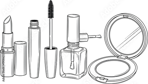 Collection of essential cosmetic items beautifully drawn in a detailed black and white line art style perfect for beauty design projects