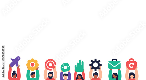 Diverse People Holding Up Icons Symbolizing Business, Technology, and Communication