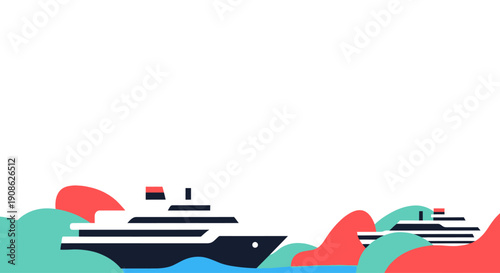 Cruise Ship Sailing Through Colorful Abstract Waves and Islands - Vector Art