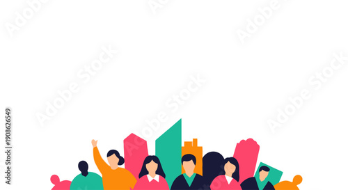 Diverse Community Group with Cityscape Silhouette Background