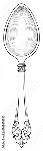 Elegant spoon with ornate handle detailed black and white drawing for vintage aesthetic flatware illustration art